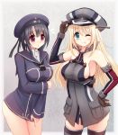  2girls ;p alternate_costume aqua_eyes atago_(kantai_collection) bismarck_(kantai_collection) bismarck_(kantai_collection)_(cosplay) black_hair blonde_hair breasts clothes_writing cosplay covering covering_crotch hat kantai_collection large_breasts long_hair looking_at_viewer multiple_girls one_eye_closed peaked_cap revision rizuriri sailor_hat short_hair sideboob takao_(kantai_collection) thigh-highs tongue tongue_out violet_eyes z1_leberecht_maass_(kantai_collection) z1_leberecht_maass_(kantai_collection)_(cosplay) 