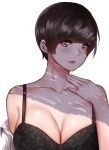  1girl bangs black_bra black_hair blush bra breasts brown_eyes cleavage closed_mouth hand_on_own_chest highres large_breasts lips looking_at_viewer norman_maggot office_lady original short_hair simple_background solo swept_bangs underwear white_background 