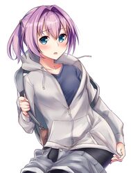  1girl alternate_costume backpack bag bangs bike_shorts black_shirt blue_eyes blush cat_zipper collarbone eyebrows_visible_through_hair grey_hoodie grey_shorts hair_intakes haregama_shiina highres hood hood_down kantai_collection long_sleeves looking_at_viewer pantyhose pink_hair pocket ponytail shiranui_(kantai_collection) shirt short_hair shorts shorts_down simple_background sitting solo undressing white_background 