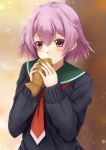  1girl black_cardigan blush cardigan eating food highres kantai_collection koru_pera long_sleeves looking_at_viewer purple_hair red_neckwear sailor_collar school_uniform serafuku short_hair solo taiyaki tama_(kantai_collection) violet_eyes wagashi 