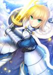  1girl ahoge artoria_pendragon_(all) bangs blue_sky braid breastplate cloak closed_mouth clouds cloudy_sky day eyebrows_visible_through_hair fate/stay_night fate_(series) faulds fur_trim gauntlets green_eyes hair_between_eyes highres holding holding_sword holding_weapon looking_at_viewer outdoors saber sidelocks sky smile solo sword taiki_ken weapon 