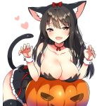  1girl animal_ears bare_shoulders bell black_hair blush bow breast_rest breasts brown_eyes cat_ears cat_tail choker claw_pose cleavage commentary dress eyebrows_visible_through_hair fake_animal_ears fake_tail halloween heart ichihaya jingle_bell large_breasts leaning_forward long_hair looking_at_viewer open_mouth original pumpkin simple_background smile solo strapless strapless_dress tail thigh-highs white_background wrist_cuffs 