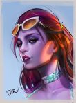  1girl blue_background commentary_request cote_d&#039;azur_widowmaker eyelashes eyewear_on_head lips long_hair looking_at_viewer nose overwatch peter_xiao portrait purple_lips purple_skin redhead side_glance signature simple_background sketch solo sunglasses widowmaker_(overwatch) yellow_eyes 