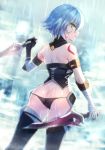  1girl arm_belt ass assassin_of_black backless_outfit backlighting bandage bandaged_arm bangs bare_shoulders black_belt black_gloves black_legwear black_panties black_shirt blurry blurry_background blurry_foreground buckle butt_crack clock clock_tower clouds cloudy_sky dagger dual_wielding eyebrows_visible_through_hair fate/apocrypha fate_(series) fingerless_gloves fog from_behind gloves green_eyes halter_top halterneck holding holding_knife holding_weapon knife lamppost looking_at_viewer looking_back lowleg lowleg_panties moe_(hamhamham) outdoors panties parted_lips rain reverse_grip scar_on_cheek serious shirt short_hair shoulder_tattoo silver_hair single_glove sky sleeveless sleeveless_shirt solo standing tattoo thigh-highs tower tsurime turtleneck underwear weapon 