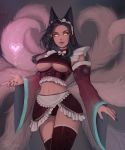  1girl absurdres ahri alternate_costume animal_ears apron black_hair breasts commentary cowboy_shot crop_top detached_sleeves enmaided fox_ears fox_tail green_nails grey_background hair_ribbon heart highres large_breasts league_of_legends long_hair looking_at_viewer magic maid maid_headdress matilda_vin midriff multiple_tails nail_polish navel orange_pupils panties parted_lips patreon_logo patreon_username red_legwear red_panties red_ribbon ribbon short_sleeves slit_pupils smile solo standing tail thigh-highs under_boob underwear waist_apron wide_sleeves yellow_eyes 