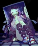  1girl black_background black_hair convenient_leg japanese_clothes kamado_nezuko kimetsu_no_yaiba kimono long_hair long_sleeves looking_at_viewer mouth_hold red_eyes sandals sitting solo tabi white_legwear yamakawa 