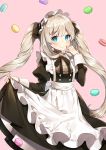  1girl apron artist_name ayami_(annahibi) bangs black_dress blue_eyes blush brown_shirt closed_mouth cookie dress eyebrows_visible_through_hair fate/grand_order fate_(series) food frilled_apron frills hand_up highres juliet_sleeves long_hair long_sleeves looking_at_viewer macaron maid maid_apron maid_headdress marie_antoinette_(fate/grand_order) pink_background plaid plaid_shirt puffy_sleeves ribbon shirt sidelocks signature silver_hair simple_background skirt skirt_lift smile solo sweets tareme twintails very_long_hair wrist_cuffs 