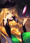  1girl black_hat blonde_hair chiroru_(cheese-roll) constellation detached_sleeves green_skirt hat head_rest highres long_hair looking_at_viewer matara_okina mirror red_ribbon ribbon sitting skirt smile solo star_(sky) tabard touhou very_long_hair wide_sleeves yellow_eyes 