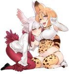  2girls absurdres animal_ears arm_around_waist belt blonde_hair blush bow bowtie breasts elbow_gloves eyebrows_visible_through_hair eyes_visible_through_hair frilled_sleeves frills fur_collar gloves hair_between_eyes hand_on_another&#039;s_hip head_wings heart heart-shaped_pupils high-waist_skirt highres japanese_crested_ibis_(kemono_friends) kemono_friends large_breasts long_hair long_sleeves looking_at_viewer multicolored multicolored_clothes multicolored_gloves multicolored_hair multiple_girls navel open_mouth panties pantyhose print_legwear print_neckwear print_panties print_skirt red_gloves red_legwear red_skirt redhead seiza serval_(kemono_friends) serval_ears serval_print serval_tail side-tie_panties simple_background sitting skirt skirt_lift skirt_pull sleeveless symbol-shaped_pupils tail tail_feathers teeth thigh-highs tongue tongue_out underwear white_background white_gloves white_hair yellow_eyes yellow_gloves yellow_neckwear yellow_skirt yorei_(death0813) 