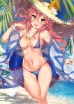 1girl animal_ears bangs barefoot beach beach_umbrella bikini blue_bikini blue_sky blurry blush bokeh bracelet breasts brown_eyes day depth_of_field dutch_angle eyebrows_visible_through_hair fang fate/grand_order fate_(series) fox_ears gluteal_fold hair_between_eyes hat head_tilt highres innertube jewelry kawai large_breasts long_hair looking_at_viewer navel ocean open_mouth outdoors pink_hair shiny shiny_skin sky smile solo standing standing_on_one_leg straw_hat swimsuit tamamo_(fate)_(all) tamamo_no_mae_(swimsuit_lancer)_(fate) umbrella 