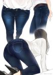  1girl all_fours ama_mitsuki arms_behind_back ass black_hair contrapposto denim dutch_angle foreshortening from_behind high_heels jeans long_hair long_sleeves multiple_views original own_hands_together pants ribbed_shirt shirt simple_background standing strappy_heels white_background 
