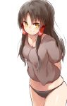 1girl arm_behind_back bangs black_hair black_panties black_shirt blush breasts brown_shirt closed_mouth cookie_(touhou) cowboy_shot eyebrows_visible_through_hair hair_tubes hakurei_reimu highres long_hair looking_at_viewer medium_breasts no_pants panties sananana shirt short_sleeves sidelocks smile solo t-shirt touhou underwear yellow_eyes yumekamaborosh