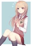  1girl ? ahoge akamatsu_kaede black_legwear blonde_hair brown_eyes brown_sweater dangan_ronpa egg_(rxlal) eyebrows_visible_through_hair highres kneehighs long_hair miniskirt musical_note musical_note_hair_ornament musical_note_print necktie new_dangan_ronpa_v3 open_mouth pleated_skirt red_neckwear red_skirt shirt signature sitting skirt solo staff_(music) sweater_vest white_shirt 