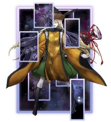  1girl black_footwear blonde_hair boots drum full_body green_skirt instrument looking_at_viewer matara_okina mazeran monster simple_background skirt smile standing tabard touhou white_background wide_sleeves yellow_eyes 