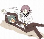  2boys ahoge blush bound bound_wrists camera checkered_scarf closed_eyes dangan_ronpa gakuran laughing mamiichi multiple_boys new_dangan_ronpa_v3 open_mouth ouma_kokichi purple_hair saihara_shuuichi scarf school_uniform simple_background smile taking_picture tickling translation_request 