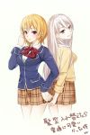  2girls alternate_hair_length alternate_hairstyle back-to-back blonde_hair breasts cousins hairstyle_switch long_hair long_sleeves medium_breasts miniskirt multiple_girls nakiri_alice nakiri_erina pink_eyes saitou_kazu school_uniform shokugeki_no_souma short_hair skirt white_hair 