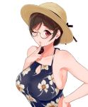  1girl bare_shoulders braid breasts brown_hair dress eyebrows_visible_through_hair finger_to_chin floral_print glasses halter_dress halterneck hat large_breasts long_hair one_eye_closed red_eyes sasamori_tomoe semi-rimless_eyewear simple_background straw_hat upper_body white_background 