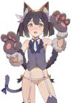  1girl absurdres animal_ears arms_up bare_shoulders bell black_hair blush brown_eyes cat_ears cat_tail cirnocchi collaboration contrapposto coupon_(skyth) cowboy_shot detached_collar fate/kaleid_liner_prisma_illya fate_(series) garter_straps gloves grey_legwear hair_ribbon highres jingle_bell kemonomimi_mode midriff miyu_edelfelt navel open_mouth panties paw_gloves paws ribbon short_twintails sidelocks simple_background solo tail tail_ribbon thigh-highs tim_loechner twintails underwear vest white_background 