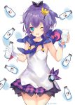  1girl ;o azur_lane blue_eyes bottle commentary_request crown cup dress drinking_glass gloves hair_ornament hair_ribbon hairpin itohime javelin_(azur_lane) long_hair looking_at_viewer milk_bottle mini_crown one_eye_closed ponytail purple_hair ribbon scarf simple_background solo twitter_username white_dress white_gloves 