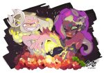 2girls commentary_request crown dark_skin domino_mask dress food fruit highres inoue_seita karaage lemon lemon_slice logo marina_(splatoon) mask multiple_girls octarian official_art pearl_(splatoon) purple_hair sleeveless sleeveless_dress splatoon splatoon_2 tentacle_hair white_hair yellow_eyes