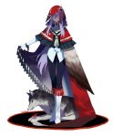  1girl big_bad_wolf_(grimm) boots capelet closed_eyes closed_mouth facing_viewer hood_up little_red_riding_hood little_red_riding_hood_(grimm) long_hair original pants purple_hair red_capelet signature simple_background smile solo standing tassel very_long_hair white_background white_footwear wolf yamakawa 