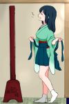  1girl blue_hair breasts closed_eyes commentary from_side full_body hair_down indoors japanese_clothes kantai_collection kimono large_breasts long_hair mirror open_mouth pleated_skirt skirt solo souryuu_(kantai_collection) syoppeee yawning 