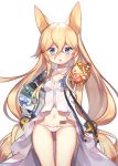  1girl animal_ears bangs barcode_tattoo blonde_hair blue_eyes blush breasts bucket commentary dress food fox_ears g41_(girls_frontline) gamathx girls_frontline gloves hair_between_eyes hair_ornament highres holding holding_food ice ice_bucket ice_cream long_hair looking_at_viewer low_twintails navel orange_gloves outstretched_arm panties parted_lips popsicle ramune reaching simple_background small_breasts solo tattoo twintails underwear very_long_hair wafer_stick white_background white_dress white_panties 