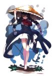  1girl barefoot black_coat black_hair braid commentary_request frills hashiro hat long_coat long_hair long_sleeves red_eyes straw_hat touhou twin_braids twintails wide_sleeves yatadera_narumi 