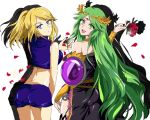  2girls ass bare_shoulders blonde_hair blue_eyes breasts green_eyes green_hair highres jewelry kid_icarus kid_icarus_uprising long_hair metroid mole mole_under_mouth multiple_girls necklace open_mouth palutena ponytail samus_aran shorts skin_tight smile super_smash_bros. thigh-highs tiara very_long_hair 