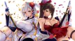  2girls arm_support azur_lane bangs bare_shoulders blue_eyes blurry blush breasts brown_hair cleavage closed_mouth collarbone covered_navel depth_of_field dress eyebrows_visible_through_hair falling_leaves flower gluteal_fold grin hair_flower hair_ornament hair_ribbon highres japanese_clothes katana kimono large_breasts leaf long_hair long_sleeves looking_at_viewer multiple_girls off_shoulder open_clothes panties parted_lips ponytail red_dress red_ribbon ribbon ribbon_trim satou_daiji sheath sheathed short_dress short_hair shoukaku_(azur_lane) simple_background smile sword teeth thigh-highs thigh_strap underwear upskirt very_long_hair weapon white_background white_hair white_kimono white_legwear white_panties yellow_eyes zuikaku_(azur_lane) 