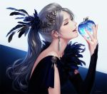  1girl apple commentary_request dress earrings eyelashes feathers food fruit glass_apple grey_hair hair_feathers hair_ornament half-closed_eyes holding jewelry long_hair open-back_dress original parted_lips ponytail profile red_eyes signature single_detached_sleeve solo suda_ayaka upper_body 