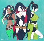  3girls bare_shoulders black_hair blue_eyes breasts crop_top crow_(gravity_daze) dark_skin detached_sleeves dragon_quest dragon_quest_xi fingerless_gloves flaxvivi gloves gravity_daze gravity_daze_2 green_eyes hair_over_one_eye headphones iida_(splatoon) kitten_(gravity_daze) long_hair medium_breasts midriff mole mole_under_mouth multicolored_hair multiple_girls navel nintendo octarian ponytail redhead splatoon splatoon_2 tentacle_hair two-tone_hair zipper 