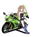 1girl bow brown_hair green_eyes ground_vehicle hair_bow highres if_(choujigen_game_neptune) jewelry motor_vehicle motorcycle necklace neptune_(series) solo zero_(ray_0805) 