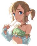  1boy blue_eyes bridal_gauntlets brown_hair crossdressinging detached_sleeves earrings food ice_cream jewelry licking link looking_at_viewer meimone pointy_ears ponytail popsicle simple_background solo sweat the_legend_of_zelda the_legend_of_zelda:_breath_of_the_wild tongue tongue_out trap upper_body 