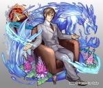  1boy balcony brown_footwear brown_hair chair copyright_name flower glasses grey_pants grey_suit highres male_focus monster necktie official_art open_mouth pants phima purple_flower shoumetsu_toshi_2 sitting solo spirit watermark 