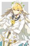  1boy 92_(artist) anger_vein bangs belt blonde_hair chains commentary cosplay crossdressinging dutch_angle earrings eyebrows_visible_through_hair fate/grand_order fate/stay_night fate_(series) flower forced_smile gilgamesh gloves grey_background hair_flower hair_ornament head_wreath highres jewelry lock long_sleeves looking_at_viewer male_focus pants red_eyes saber_bride saber_bride_(cosplay) saber_extra simple_background solo v-shaped_eyebrows veil vest white_gloves white_vest zipper 