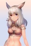  1girl ahri_(ari_30305) animal_ears bare_shoulders blush breasts criss-cross_halter eyebrows_visible_through_hair final_fantasy final_fantasy_xiv frills gradient gradient_background hair_between_eyes halterneck heterochromia long_hair looking_at_viewer medium_breasts miqo&#039;te mole mole_under_mouth navel purple_background red_eyes ribbon_trim shiny shiny_skin solo stomach tareme upper_body violet_eyes 