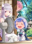  3girls :d bangs bare_shoulders blue_hair blunt_bangs blush cat chibi electric_fan emilia_(re:zero) eyebrows_visible_through_hair forest hair_ornament hair_ribbon hairband japanese_clothes kimono long_hair long_sleeves looking_at_viewer multiple_girls nature no_shoes obi one_eye_closed open_mouth peeking_out pink_eyes pink_hair puck_(re:zero) purple_hair ram_(re:zero) re:zero_kara_hajimeru_isekai_seikatsu rem_(re:zero) ribbon sash seiza short_hair signature sitting smile tears thigh-highs tree veranda violet_eyes wariza white_kimono wide_sleeves yasuyuki younger 