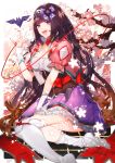  1girl bat black_hair breasts brown_hair cherry_blossoms fangs fate/grand_order fate_(series) fox_shadow_puppet gradient_hair hairband highres hood large_breasts long_hair looking_at_viewer low_twintails multicolored_hair open_mouth origami osakabe-hime_(fate/grand_order) red_ribbon ribbon solo thigh-highs twintails very_long_hair violet_eyes white_legwear yakusuke 