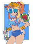  1girl alien blonde_hair blue_eyes breasts glasses hat large_breasts long_hair metroid metroid_(creature) mole ponytail samus_aran shirt shorts solo 