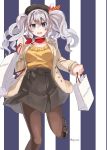  1girl :d alternate_costume bag beret black_skirt blue_eyes blush breasts buttons coat commentary cowboy_shot eyebrows_visible_through_hair grey_eyes grey_hair hair_between_eyes hat holding_bag kantai_collection kashima_(kantai_collection) kerchief long_hair long_sleeves looking_at_viewer mary_janes mitsukoshi_(department_store) one_leg_raised open_mouth pantyhose red_neckwear shoes shopping_bag sidelocks silver_hair skirt smile solo sugue_tettou tsurime twintails twitter_username wavy_hair 