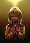  1girl alti_meizi blonde_hair breasts cleavage closed_eyes collarbone dangan_ronpa eyebrows_visible_through_hair hair_ornament hands_clasped highres jacket jewelry long_hair medium_breasts midriff navel necklace new_dangan_ronpa_v3 open_clothes open_jacket own_hands_together solo stomach upper_body white_bikini_top yellow_jacket yonaga_angie 