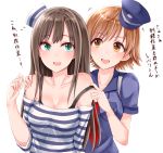  +++ 2girls :d assisted_exposure bangs bare_shoulders blue_hat blush bra_strap breast_pocket breasts brown_eyes brown_hair cleavage collarbone commentary_request eyebrows_visible_through_hair green_eyes hand_on_another&#039;s_shoulder hat highres honda_mio idolmaster idolmaster_cinderella_girls idolmaster_cinderella_girls_starlight_stage light_brown_hair long_hair long_sleeves medium_breasts multiple_girls necktie off-shoulder_shirt open_mouth pocket police police_hat police_uniform prison_clothes pulled_by_another red_neckwear shibuya_rin shirt shirushiru_(saitou888) short_hair short_sleeves simple_background sleeves_pushed_up smile strap_pull striped striped_shirt sweatdrop tareme translation_request uniform upper_body white_background yuri 