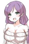  1girl :d bangs bare_shoulders blush breasts cleavage commentary_request eyebrows_visible_through_hair green_eyes head_tilt large_breasts long_hair looking_at_viewer love_live! love_live!_school_idol_project low_twintails malice_stella no_bra open_mouth purple_hair simple_background smile solo sweater sweater_vest toujou_nozomi twintails upper_body white_background white_sweater 