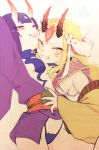  2girls angry bare_shoulders blonde_hair breasts facial_mark fate/grand_order fate_(series) highres horns ibaraki_douji_(fate/grand_order) jewelry long_hair multiple_girls oni oni_horns purple_hair short_hair shuten_douji_(fate/grand_order) small_breasts smile violet_eyes yellow_eyes 