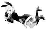 1girl ai-san_(ikeuchi_tanuma) animal_ears arm_belt bangs blunt_bangs boots chin_rest commentary dress eyebrows_visible_through_hair from_side full_body greyscale hands_in_sleeves high_heel_boots high_heels ikeuchi_tanuma long_hair long_sleeves looking_at_viewer lying mechanical_ears monochrome on_stomach original pantyhose simple_background solo white_background 