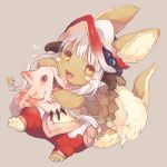  1girl :3 :d animal_ears bangs blunt_bangs brown_eyes claws creature ears_through_headwear fur hideko_(l33l3b) hood horns hug long_hair looking_at_viewer made_in_abyss mitty_(made_in_abyss) nanachi_(made_in_abyss) open_mouth pants red_eyes silver_hair sitting smile 