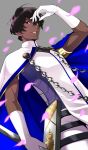  1boy 92_(artist) arjuna_(fate/grand_order) armband bangs black_eyes brown_hair cape chains dark_skin dark_skinned_male dutch_angle fate/grand_order fate_(series) gloves grey_background hair_between_eyes highres holding holding_weapon jacket looking_at_viewer parted_lips petals smile solo standing weapon white_gloves 