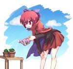  1girl bangs bare_legs blouse bow cactus cape commentary_request hair_between_eyes hair_bow isu_(is88) leaning_forward long_sleeves miniskirt plant pleated_skirt potted_plant purple_bow red_eyes red_skirt redhead sekibanki short_hair skirt smile solo table touhou wakasagihime water watering_can 