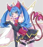  1girl alternate_costume black_skirt blue_angel blue_eyes blue_hair blush bow cat_tail cosplay_request earrings elbow_gloves facial_tattoo fang gloves heart heart_earrings jewelry kaya_rio looking_at_viewer open_mouth skirt sleeveless smile solo tail tail_bow tattoo twintails yu-gi-oh! yuu-gi-ou_vrains zaizen_aoi 